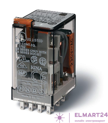 Реле электромеханическое универс. миниатюрное монтаж в розетку 4CO 7А AgNi 24В DC RTI кнопка тест + мех. индикатор + диод + LED FINDER 553490240074