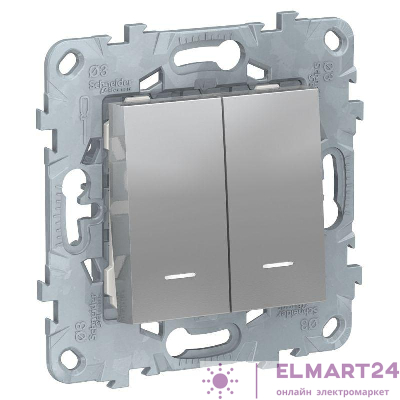 Переключатель 2-кл. 2мод. СП Unica New IP21 (2х(сх. 6а)) с подсветкой алюм. SchE NU521330N