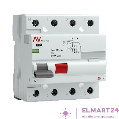 Выключатель дифференциального тока (УЗО) 4п 80А 300мА тип AC DV AVERES EKF rccb-4-80-300-ac-av