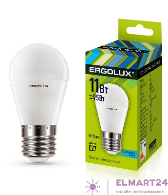 Лампа светодиодная LED-G45-11W-E27-4K Шар 11Вт E27 4500К 172-265В Ergolux 13631