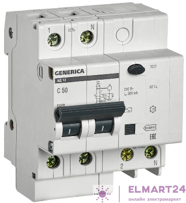Выключатель автоматический дифференциального тока 2п 50А 300мА АД12 GENERICA MAD15-2-050-C-300