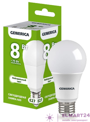 Лампа светодиодная A60 8Вт грушевидная 4000К E27 230В GENERICA LL-A60-08-230-40-E27-G