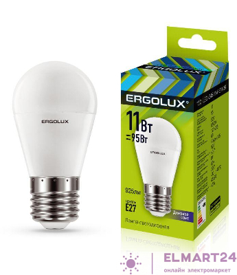 Лампа светодиодная LED-G45-11W-E27-6K Шар 11Вт E27 6500К 172-265В Ergolux 13632