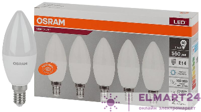 Лампа светодиодная LED Value LVCLB60 7SW/865 7Вт свеча матовая E14 230В 2х5 RU (уп.5шт) OSRAM 4058075577985