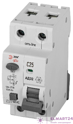 Выключатель автоматический дифференциального тока 1P+N C25 30мА тип АC защита 230В АВДТ 4.5кА PRO D32E2C25АC30P АД32 электронное Эра Б0057352