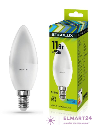 Лампа светодиодная LED-C35-11W-E14-4K Свеча 11Вт E14 4500К 172-265В Ergolux 13619