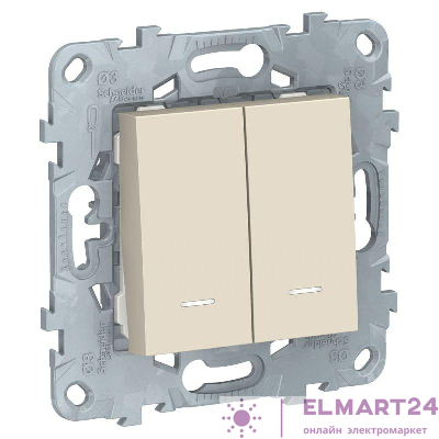 Переключатель проходной 2-кл. 2мод. СП Unica New IP21 (2х(сх. 6а)) с подсветкой беж. SchE NU521344N