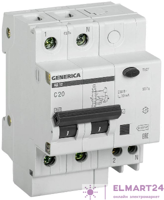 Выключатель автоматический дифференциального тока 2п 20А 30мА АД12 GENERICA MAD15-2-020-C-030