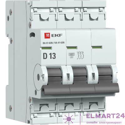 Выключатель автоматический модульный 3п D 13А 6кА ВА 47-63N PROxima EKF M636313D