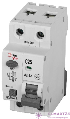 Выключатель автоматический дифференциального тока 1P+N C 25А 30мА тип А АВДТ 4.5кА PRO D32E2C25А30 АД32 электронное Эра Б0057385