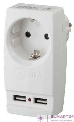 Адаптер 1-м с заземл. Polynom SP-1e-USB-W 220В 2хUSB 2100мА бел. Эра Б0026332