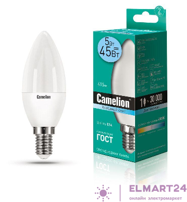 Лампа светодиодная LED5-C35/845/E14 5Вт свеча 4500К бел. E14 405лм 220-240В Camelion 12032