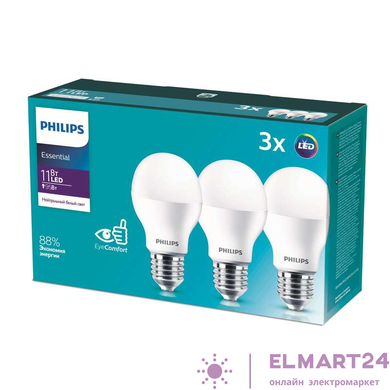 Лампа светодиодная ESS LEDBulb 11Вт E27 4000К 230В 3CT/4 RCA (уп.3шт) Philips 929001962947 / 871869961624300