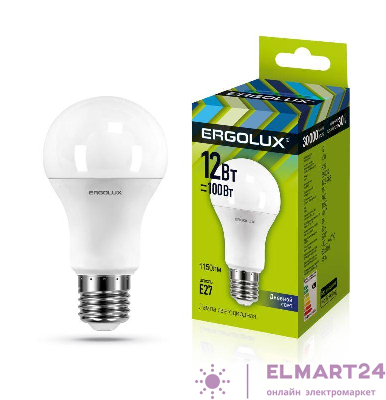 Лампа светодиодная LED-A60-12W-E27-6500K грушевидная ЛОН 172-265В Ergolux 12880