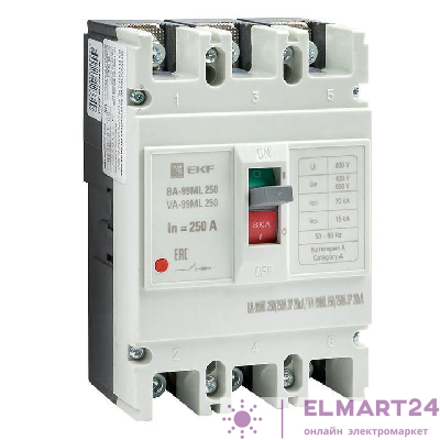 Выключатель автоматический 3п 250/250А 20кА ВА-99МL Basic EKF mccb99-250-250mi