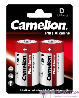 Элемент питания алкалиновый D/LR20 1.5В Plus Alkaline LR20-BP2 BL-2 (блист.2шт) Camelion 1654