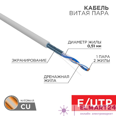 Кабель витая пара F/UTP кат.5e 1х2х24AWG solid PVC INDOOR сер. (м) Rexant 01-0120