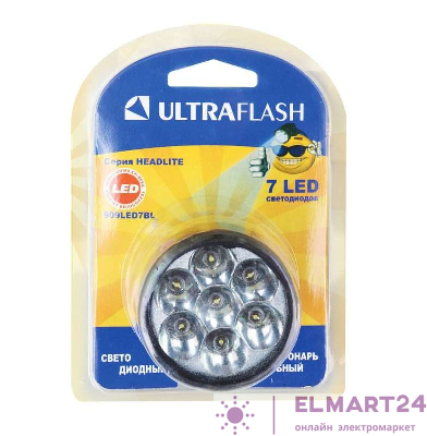 Фонарь налобный 909LED7BL (7LED 1 режим 3хR6 блистер; черн.) Ultraflash 12096