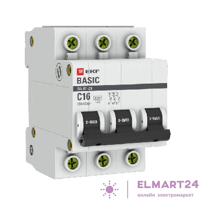 Выключатель автоматический модульный 3п C 16А 4.5кА ВА 47-29 Basic EKF mcb4729-3-16C
