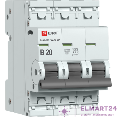 Выключатель автоматический модульный 3п B 20А 6кА ВА 47-63N PROxima EKF M636320B