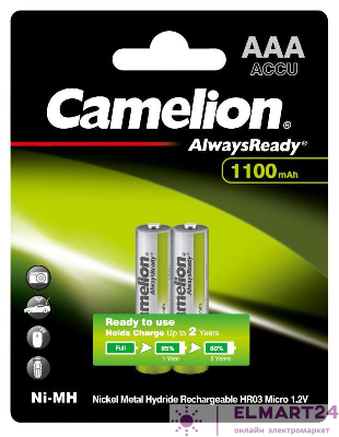 Аккумулятор Always Ready AAA-1100mAh Ni-Mh BL-2 NH-AAA1100BP2 1.2В Camelion 15037