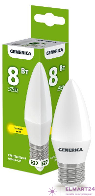 Лампа светодиодная C35 8Вт свеча 3000К E27 230В GENERICA LL-C35-08-230-30-E27-G