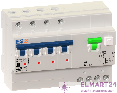 Выключатель автоматический дифференциального тока 4п C 20А 30мА тип A 6кА OptiDin VD63 УХЛ4 КЭАЗ 103477