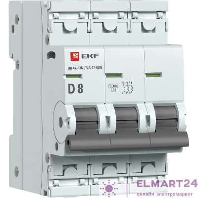 Выключатель автоматический модульный 3п D 8А 6кА ВА 47-63N PROxima EKF M636308D