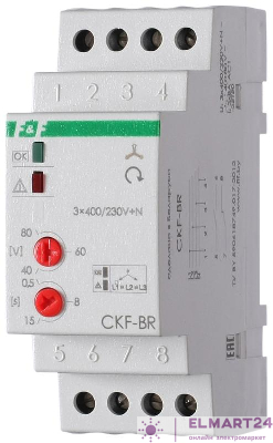Реле контроля наличия и чередования фаз CKF-BR (монтаж на DIN-рейке 35мм; регулировка порога отключения; регулировка времени отключения; 3х400/230+N 2х8А 1Z 1R IP20) F&F EA04.002.003