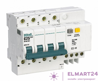 Выключатель автоматический дифференциального тока 4п C 63А 100мА тип AC 4.5кА ДИФ-101 DEKraft 15035DEK