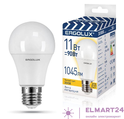 Лампа светодиодная LED-A60-11W-E27-3K "ПРОМО" ЛОН 11Вт Е27 3000К 220-240В Ergolux 14458