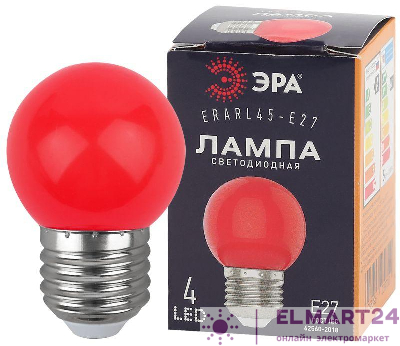 Лампа светодиодная ERARL45-E27 P45 1Вт шар красн. E27 4SMD для белт-лайт ЭРА Б0049575