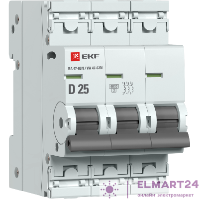 Выключатель автоматический модульный 3п D 25А 6кА ВА 47-63N PROxima EKF M636325D