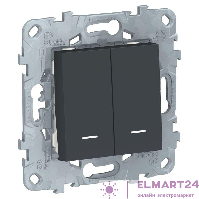 Переключатель 2-кл. 2мод. СП Unica New IP21 (2х(сх. 6а)) с подсветкой антрацит SchE NU521354N