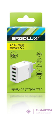 Адаптер сетевой ELX-РA02QC-C01 36Вт 4USB 100-220В 5-9В/3А 1QC+3/3А коробка бел. Ergolux 15292