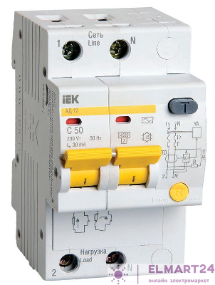 Выключатель автоматический дифференциального тока 2п C 50А 30мА тип AC 4.5кА АД-12 ИЭК MAD10-2-050-C-030