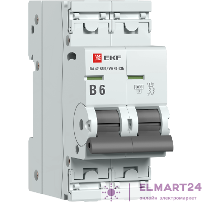 Выключатель автоматический модульный 2п B 6А 6кА ВА 47-63N PROxima EKF M636206B