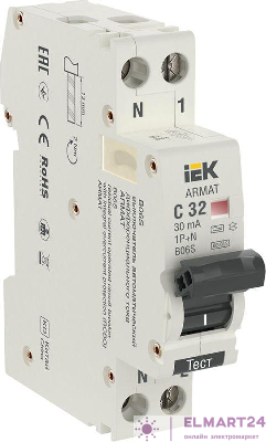 Выключатель автоматический дифференциального тока 2п (1P+N) C 32А 30мА тип A АВДТ B06S 18мм ARMAT IEK AR-B06S-1N-C32A030