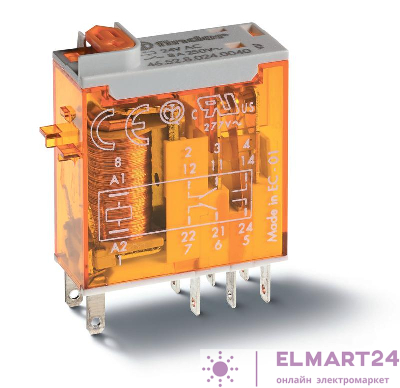 Реле миниатюрное промышленное электромеханич. монтаж в розетку или наконечники Faston (2.5х0.5мм) 2CO 8А AgNi 230В AC влагозащ. RTII опции: кнопка тест + мех. индикатор + LED(AC) FINDER 465282300054