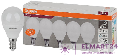 Лампа светодиодная LED Value LVCLP60 7SW/865 шар матовая E14 230В 2х5 RU (уп.5шт) OSRAM 4058075578166